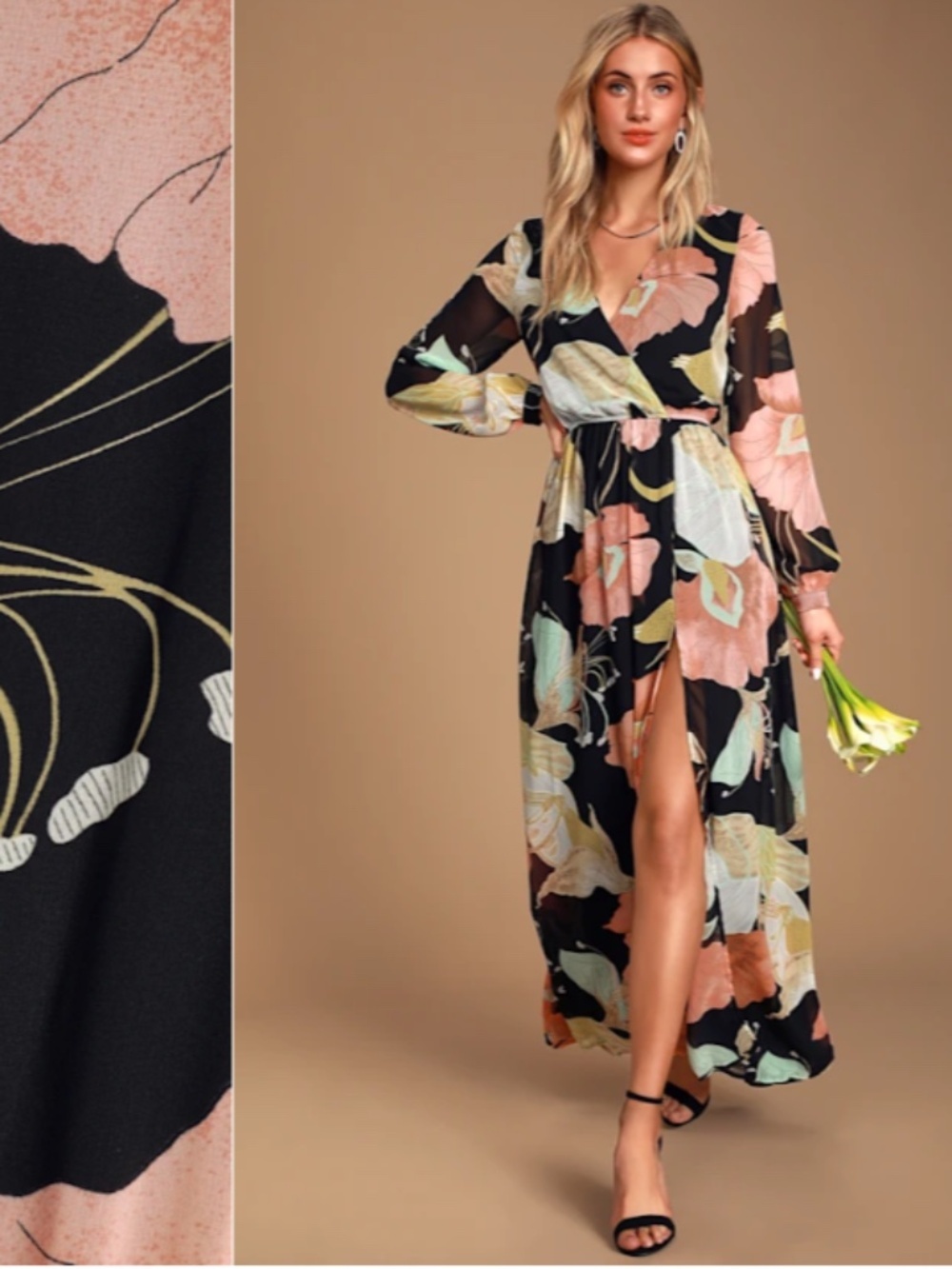 LULU's Floral Sexy Romantic Flowy Floral Wedding Formal Event Satin Maxi Dress - Picture 2 of 6